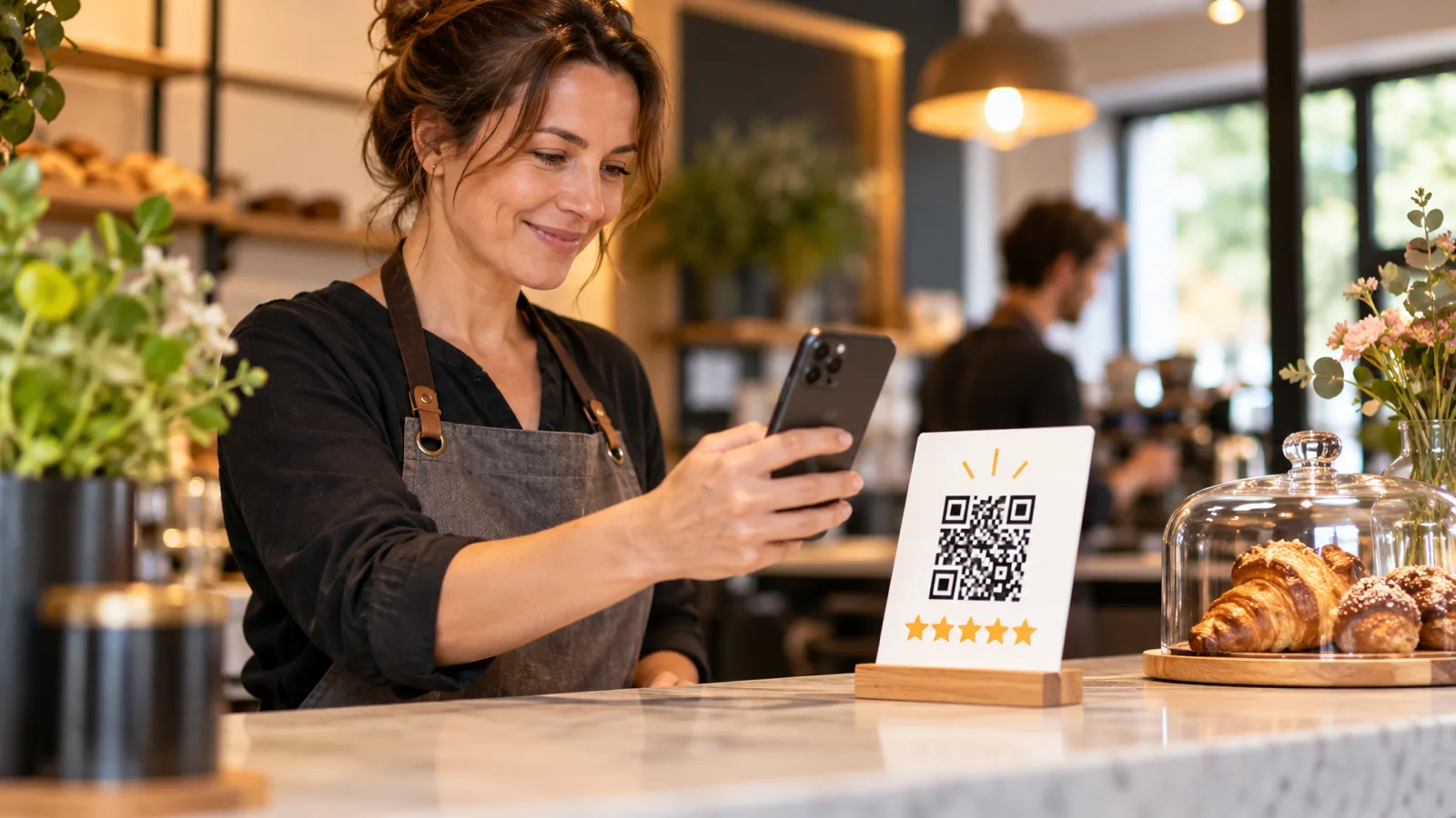 Smartphone die een QR-code voor een Google-review scant